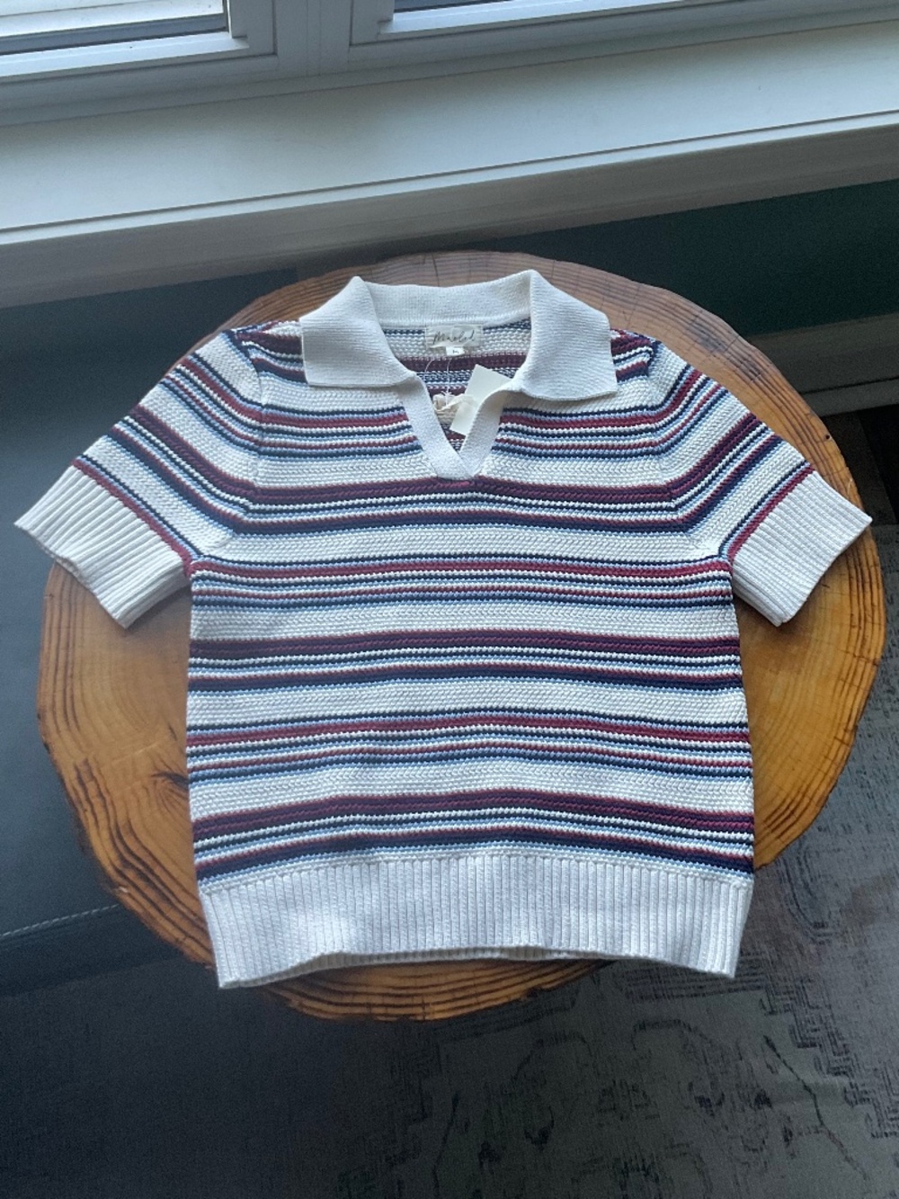 Marled Short Sleeve Sweater In Multi-colored Stripes  NWT